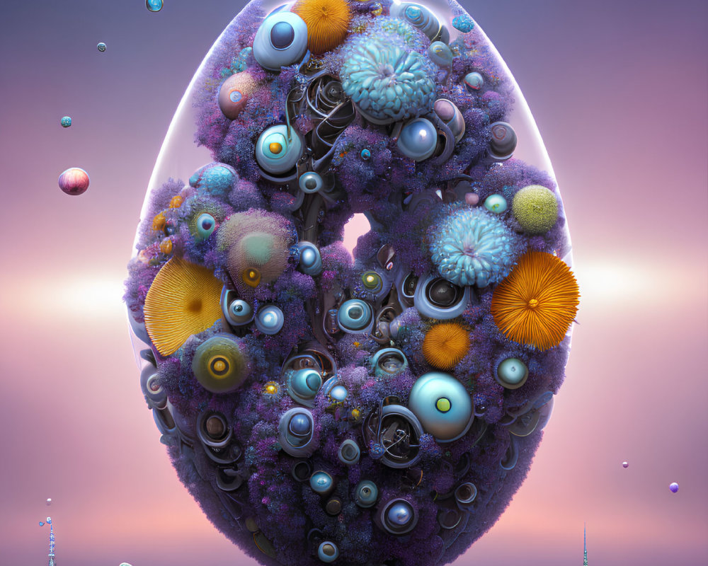 Colorful Egg-shaped Structure with Orbs and Textures on Purple Background