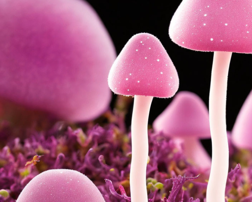 Vibrant pink mushrooms with speckled caps on purple foliage against black background