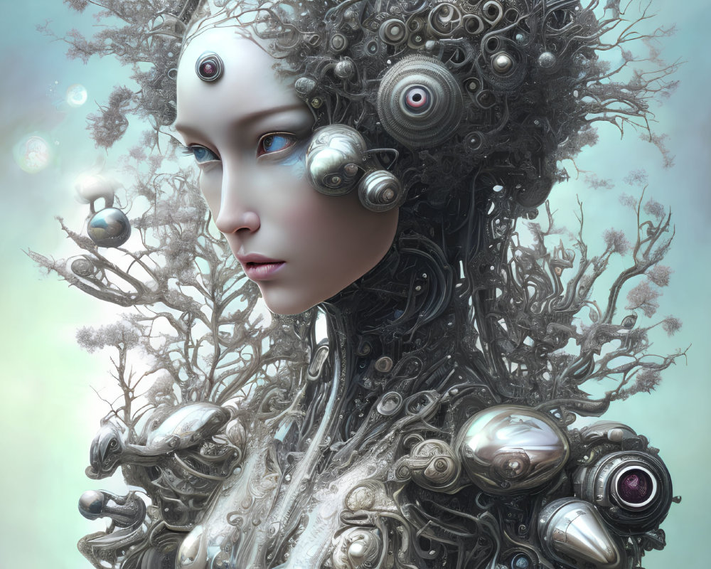 Surreal humanoid figure with ornate mechanical headdress and tree-like elements