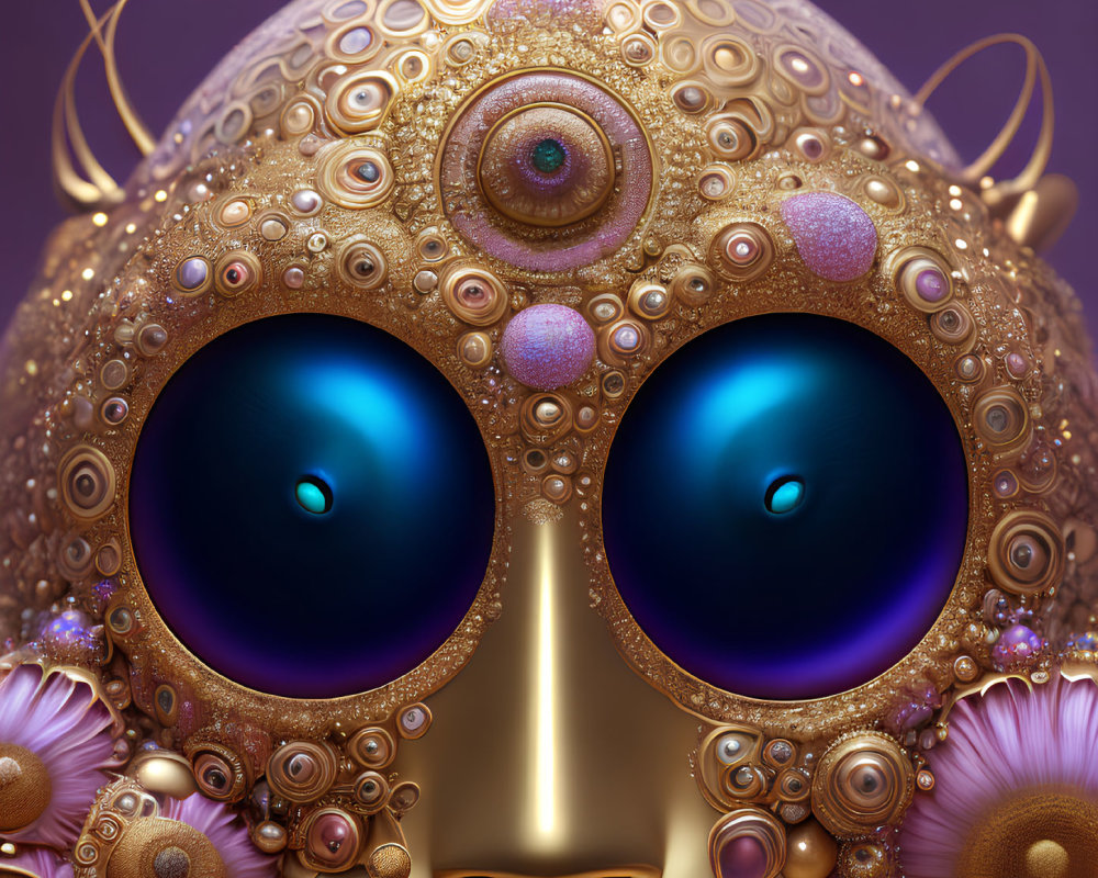 Golden robotic face with captivating blue eyes and ornate jewel-embellished patterns