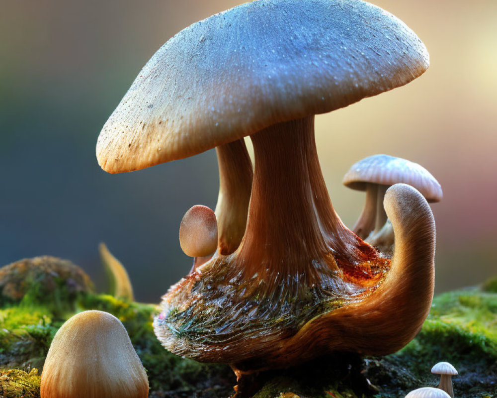 Various Sizes of Mushrooms on Mossy Forest Floor in Warm Light