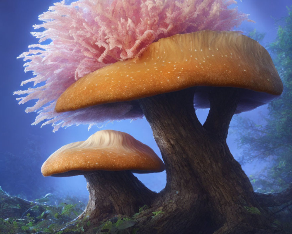 Fantasy-style oversized mushrooms in mystical forest scene