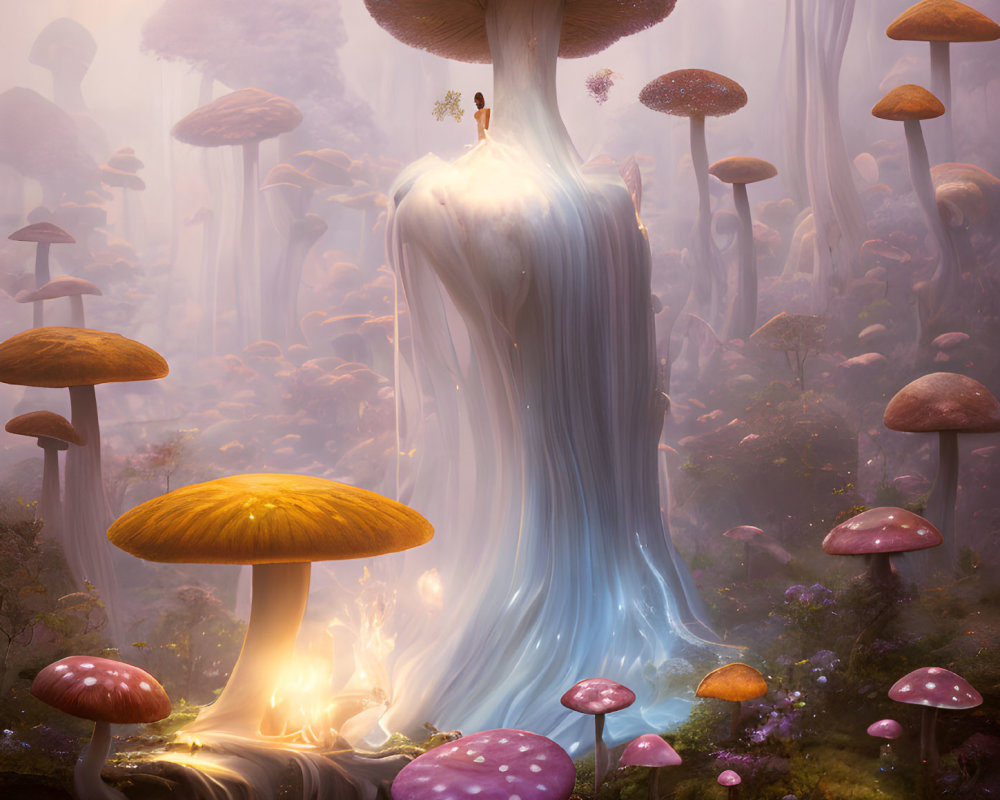 Enchanting forest scene with giant mushrooms and waterfall