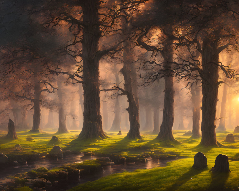 Mystical forest with tall trees, sun rays, serene stream & lush moss carpet