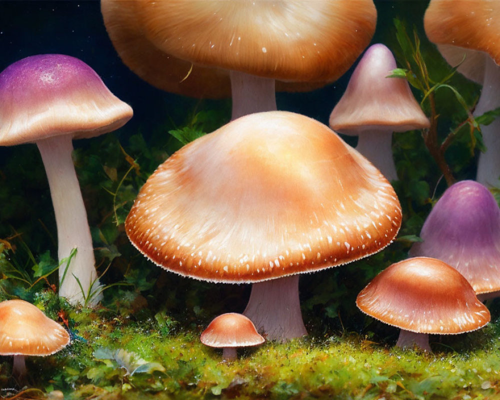 Assorted glossy brown and purple mushrooms in mossy setting on dark background