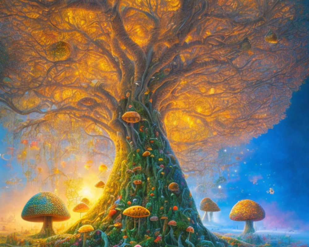 Colorful Artwork of Fantastical Tree and Oversized Mushrooms in Dreamlike Forest