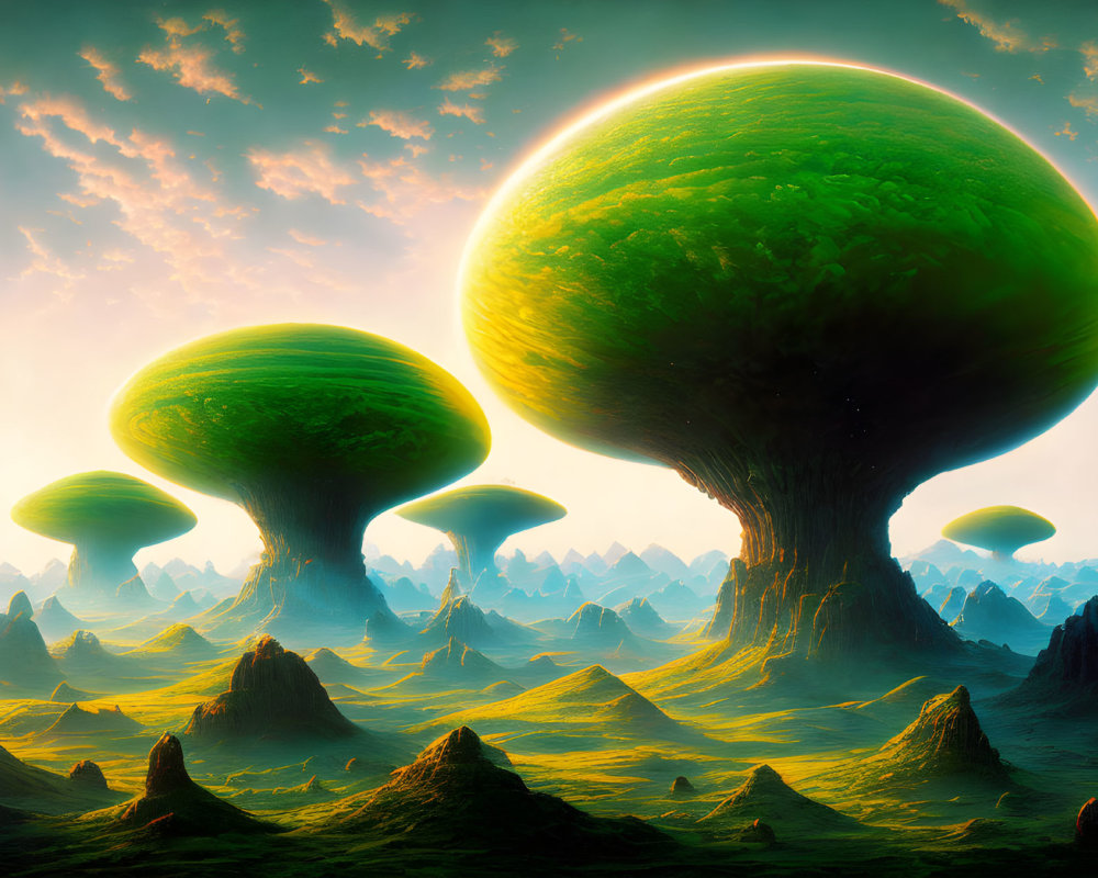 Fantastical landscape with oversized mushroom-like structures under a massive green planet