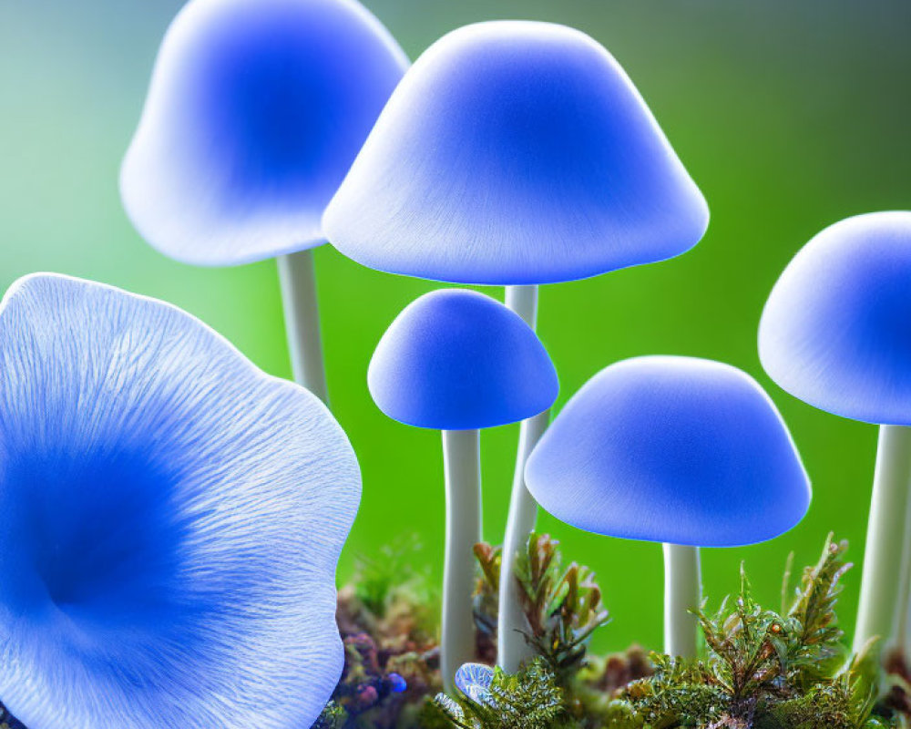 Vibrant Blue Mushrooms on Mossy Ground with Green Background