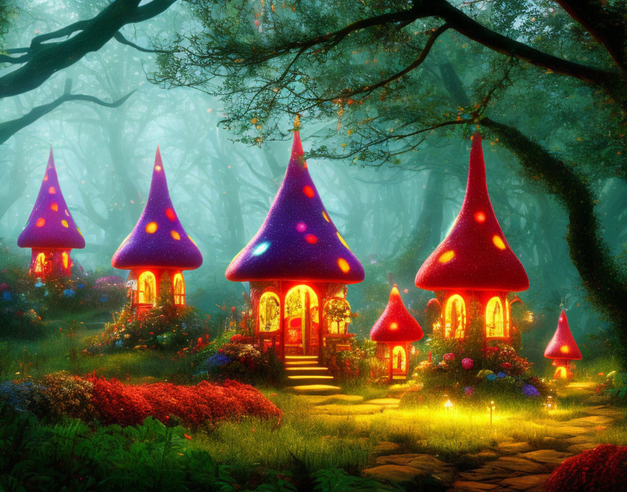 Whimsical mushroom houses in vibrant enchanted forest