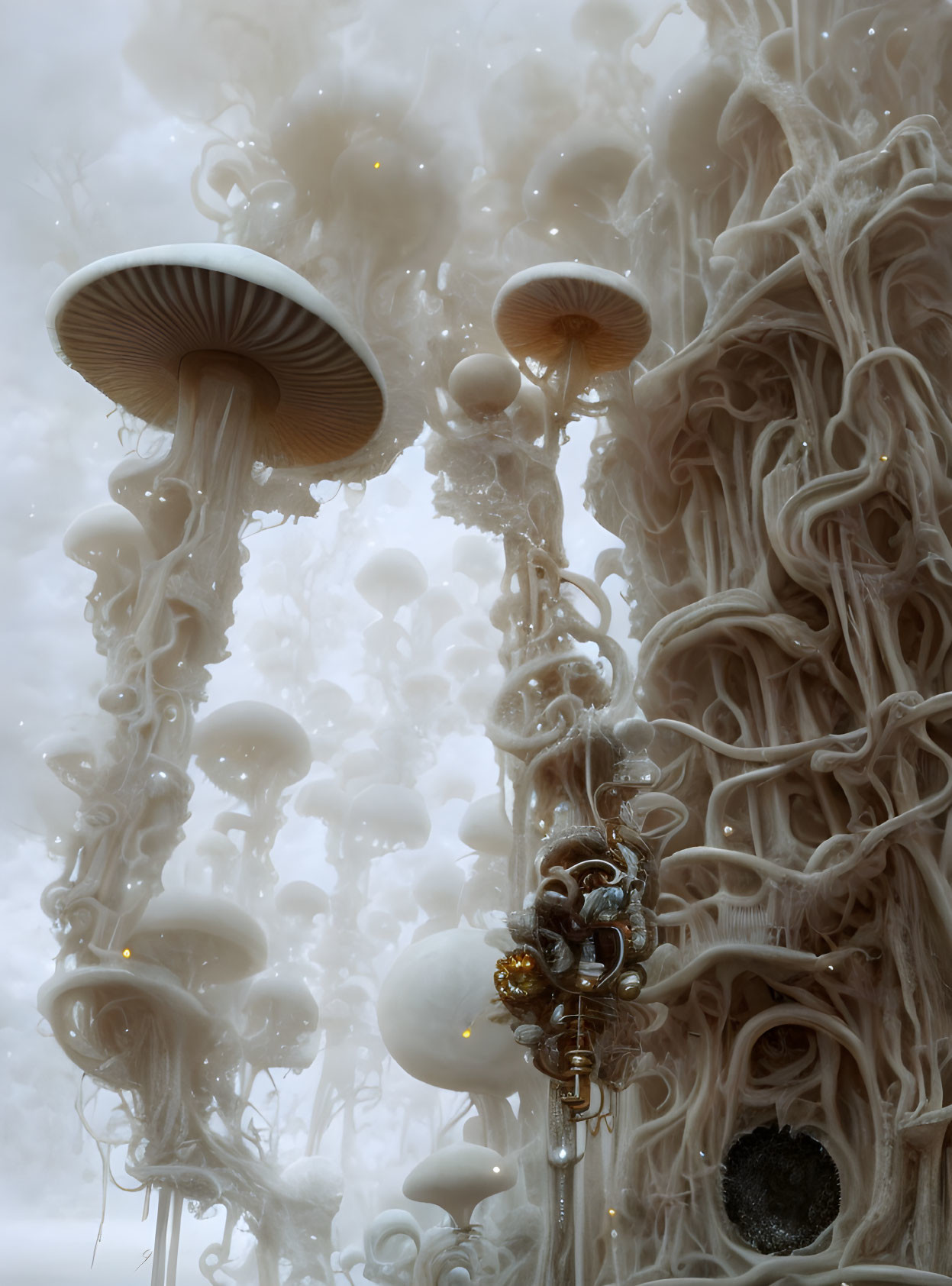 Surreal Image: Oversized Mushrooms, Swirling Forms, Glowing Points, Ornate