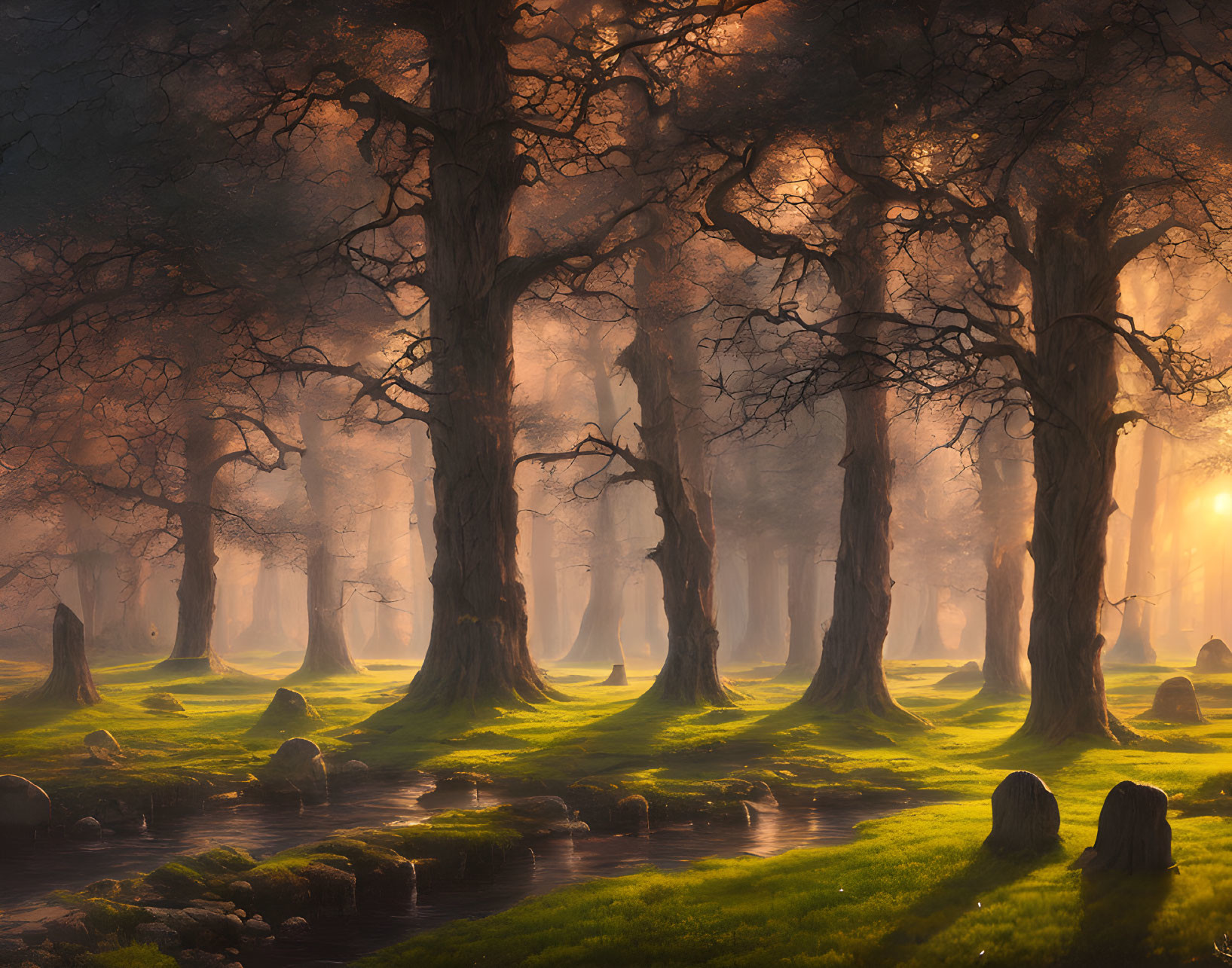 Mystical forest with tall trees, sun rays, serene stream & lush moss carpet