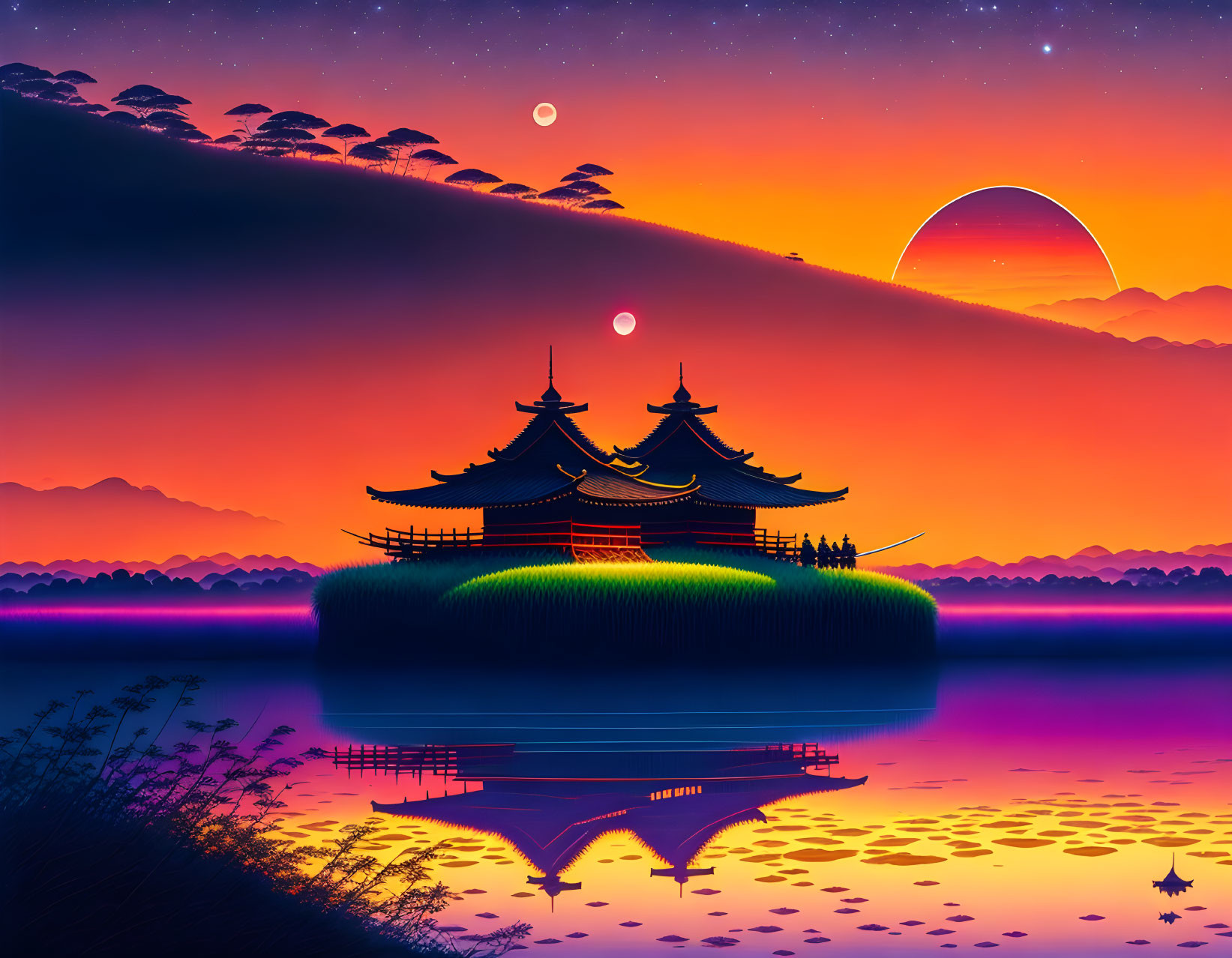 Digital artwork: Asian-style pagoda on island at sunset with starry sky