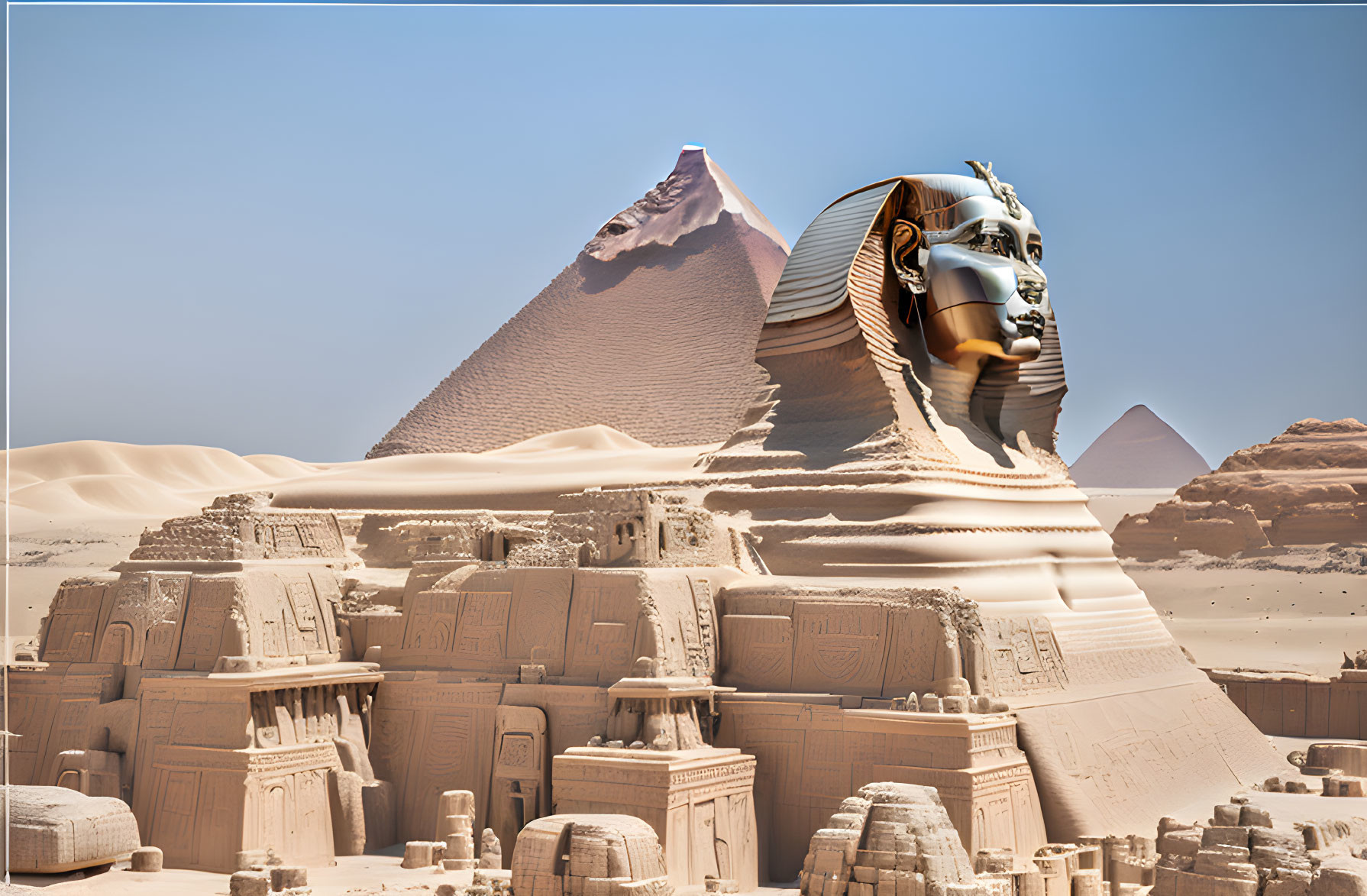 Surreal image: Pharaoh bust over Egyptian landmarks