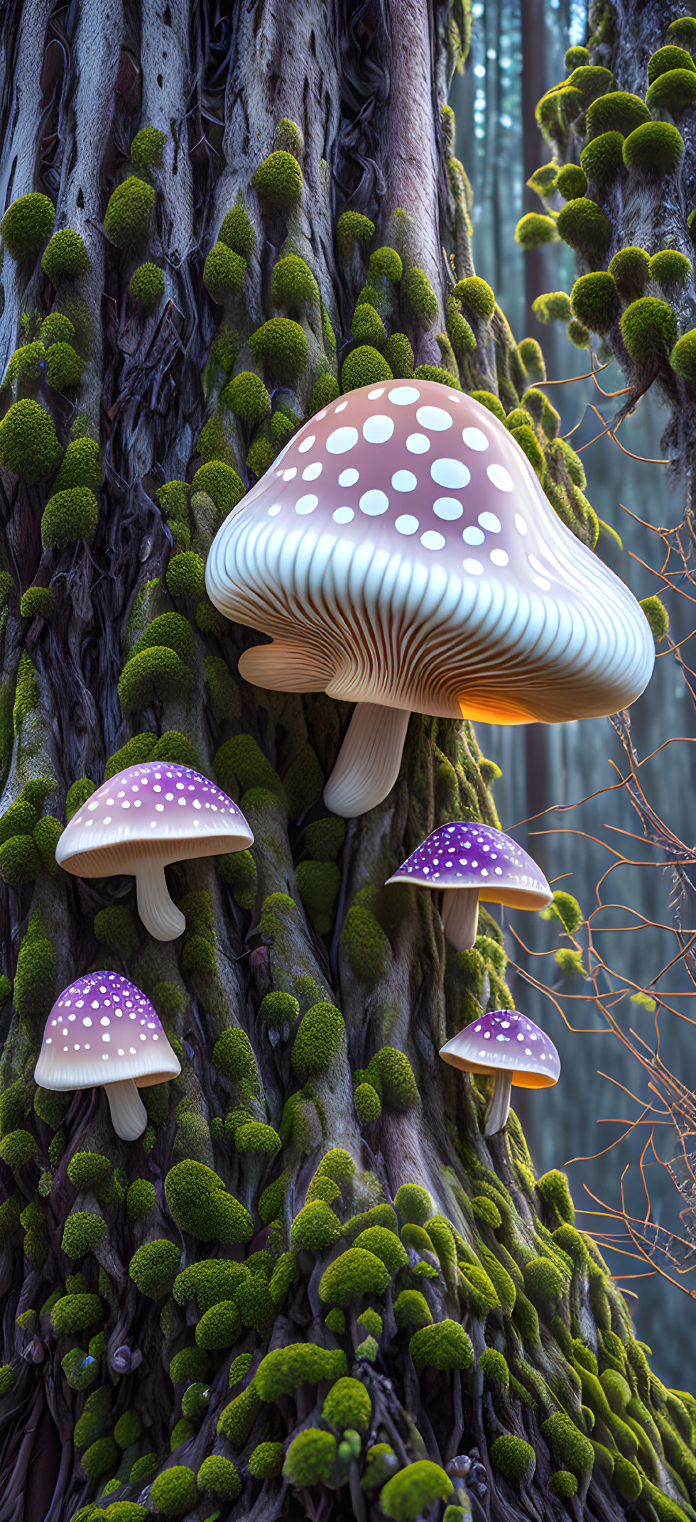 Colorful purple and white mushrooms on mossy tree trunk in forest setting