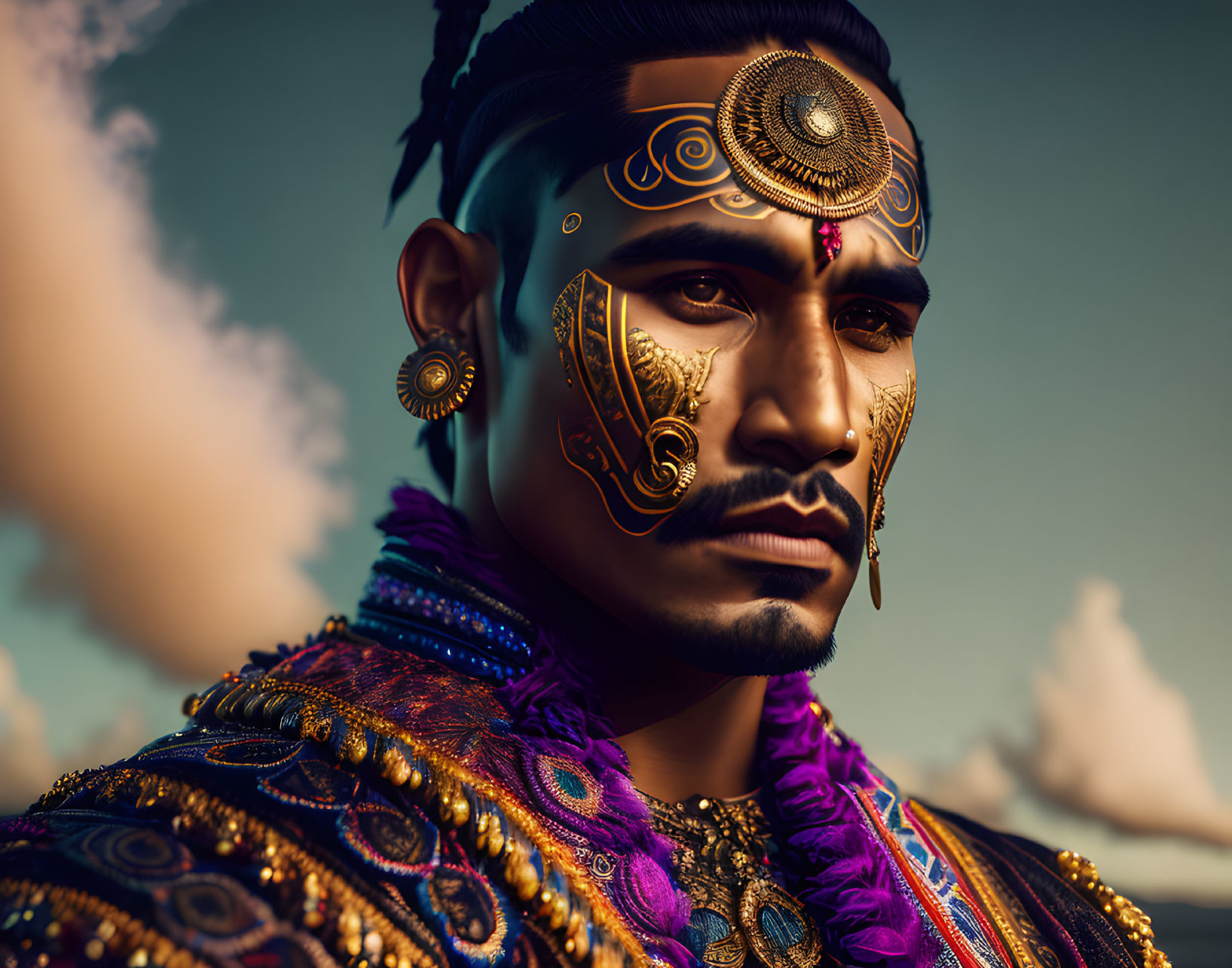 Digital portrait of a man with gold facial jewelry and ornate markings, adorned in embroidered garment against sky