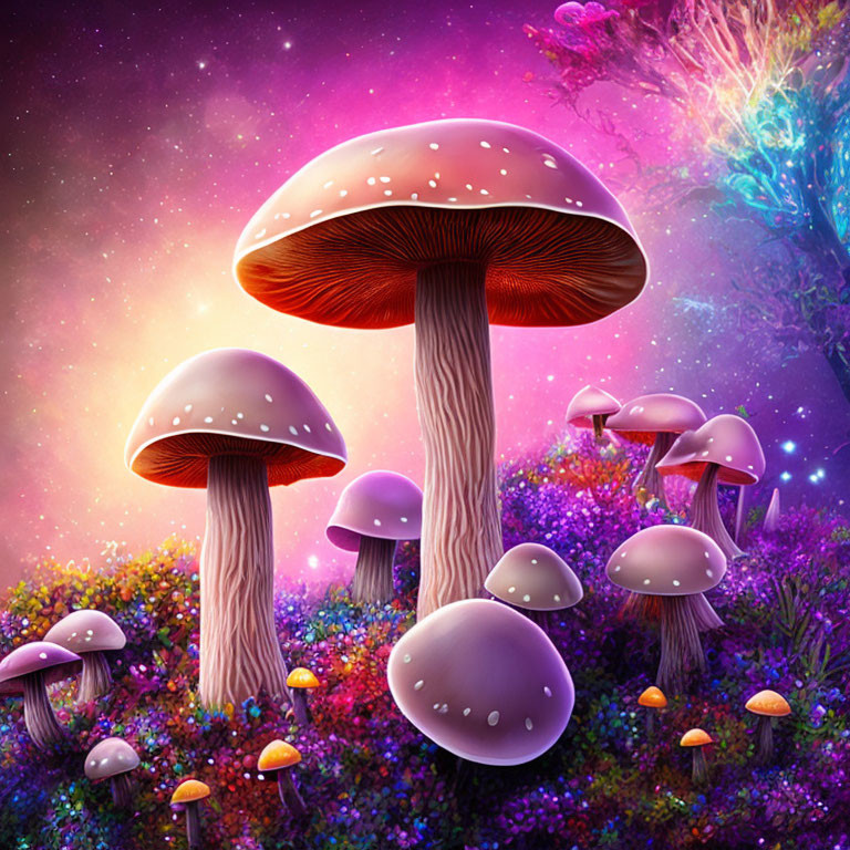 Colorful oversized whimsical mushrooms in vibrant digital artwork