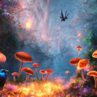 Enchanting forest scene with glowing mushrooms and hovering bird