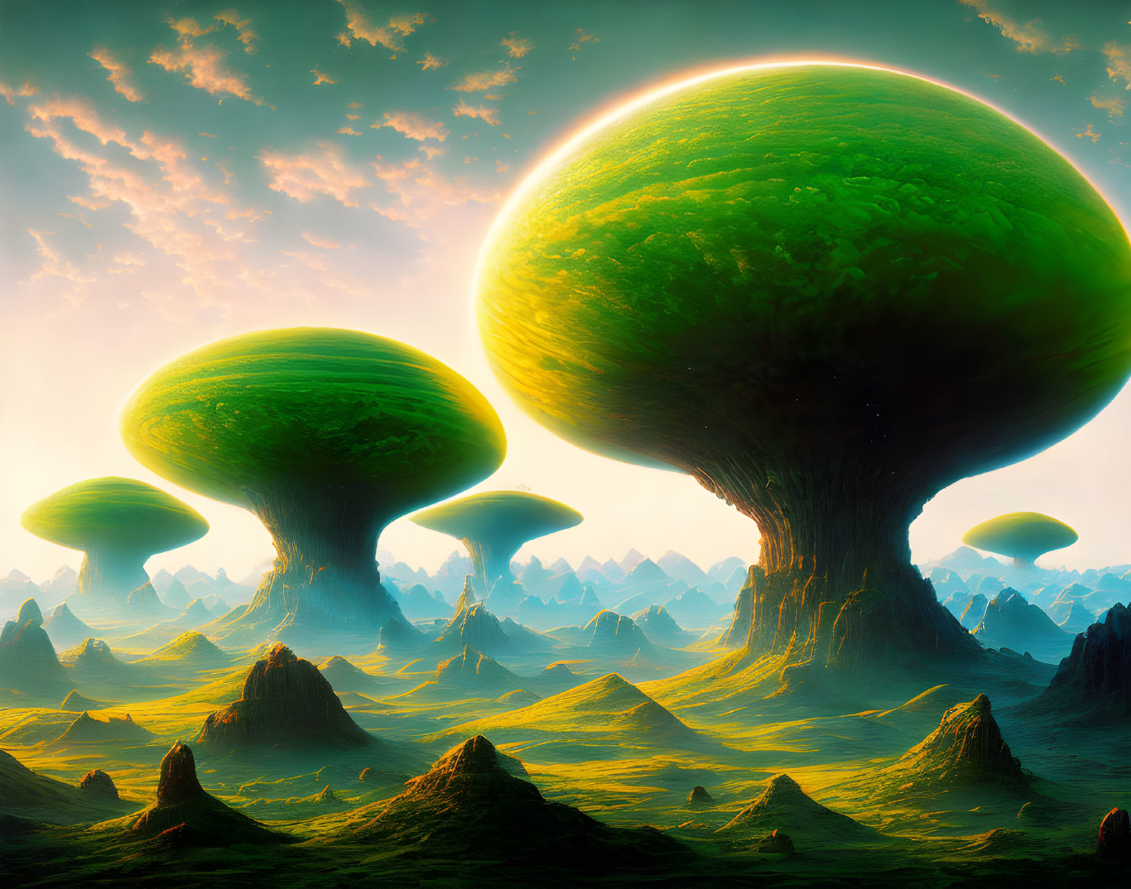 Fantastical landscape with oversized mushroom-like structures under a massive green planet