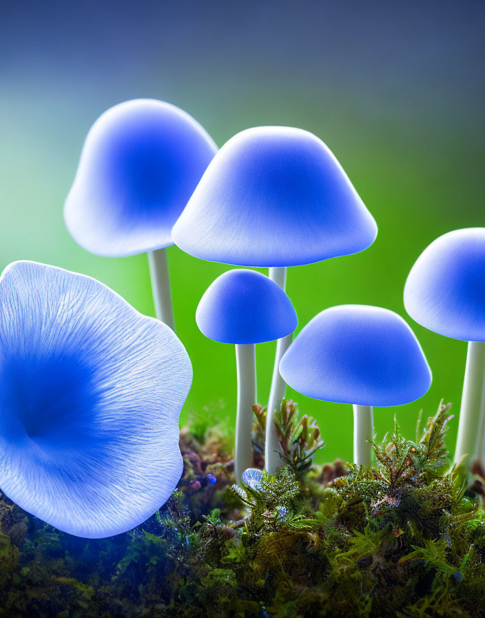 Vibrant Blue Mushrooms on Mossy Ground with Green Background