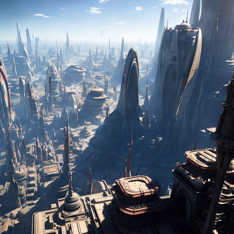 Futuristic cityscape with towering skyscrapers and looping structures