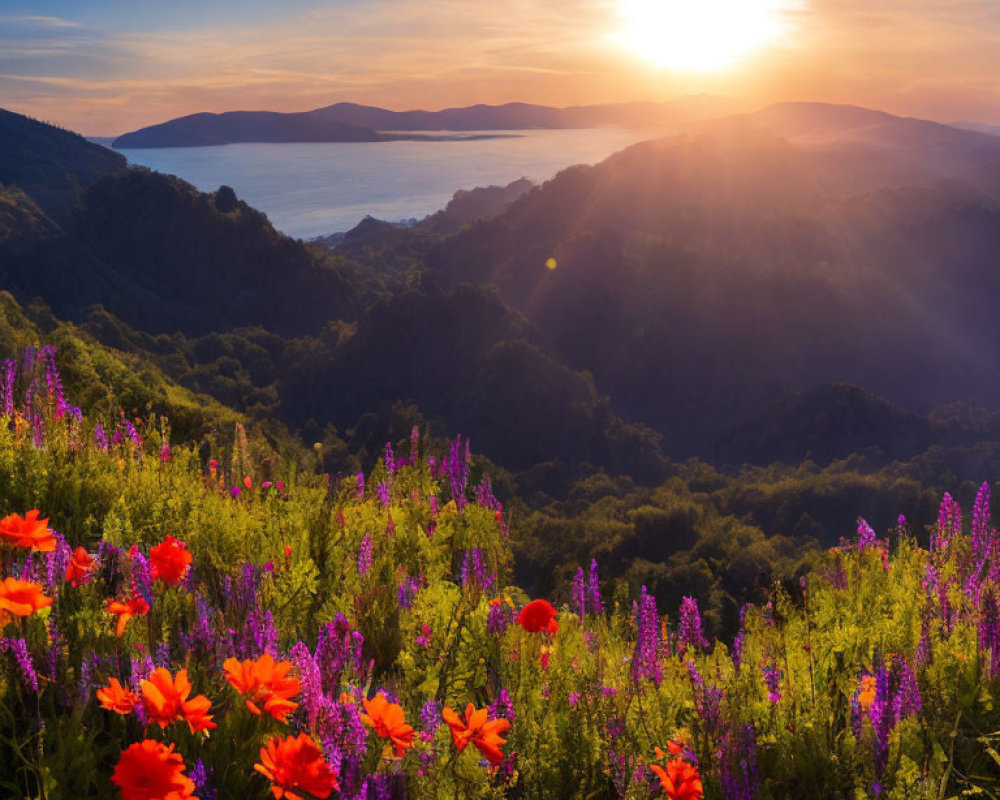 Scenic sunset landscape with colorful flowers, rolling hills, and calm sea