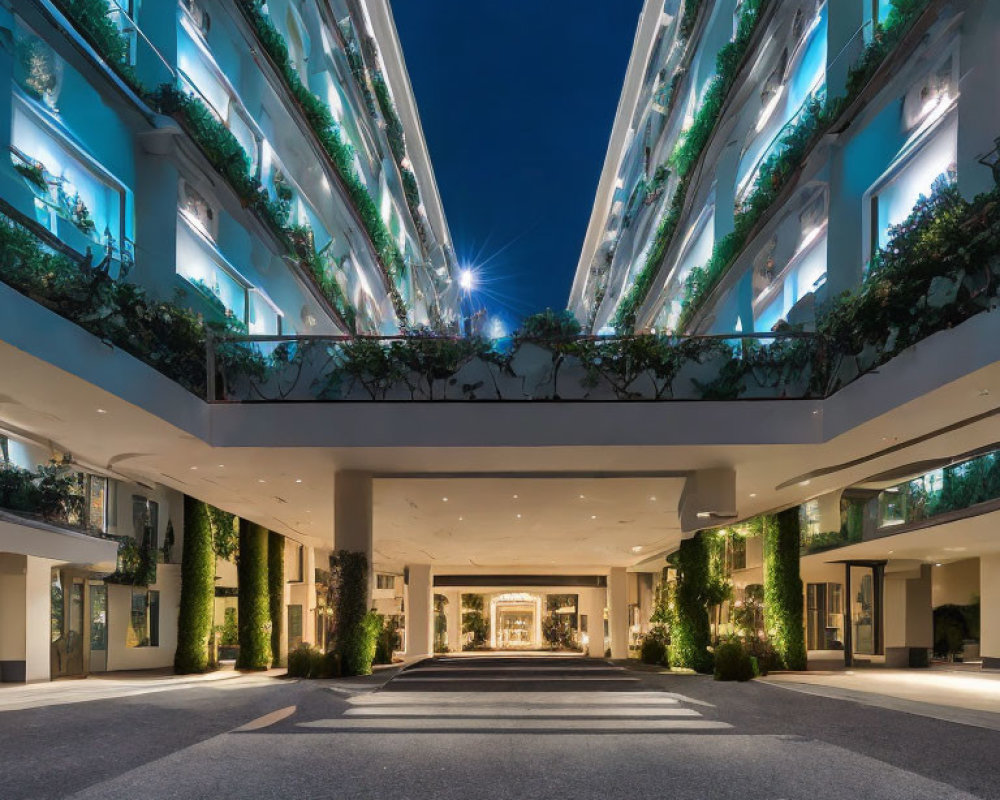 Symmetrical balconies with green plants on modern building at dusk