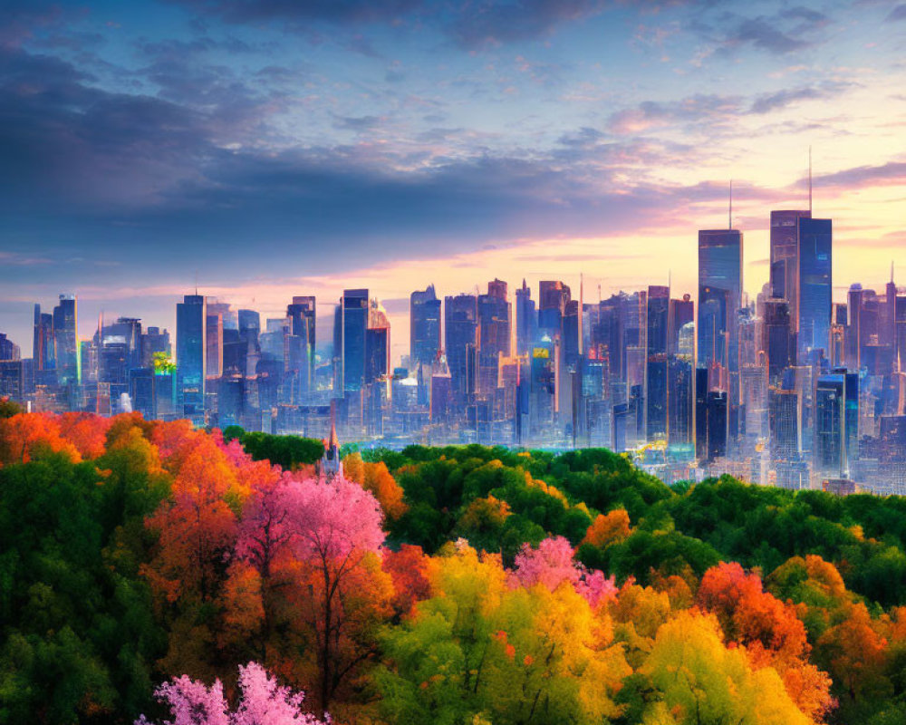 Colorful autumn trees frame vibrant city skyline at sunset under dramatic sky