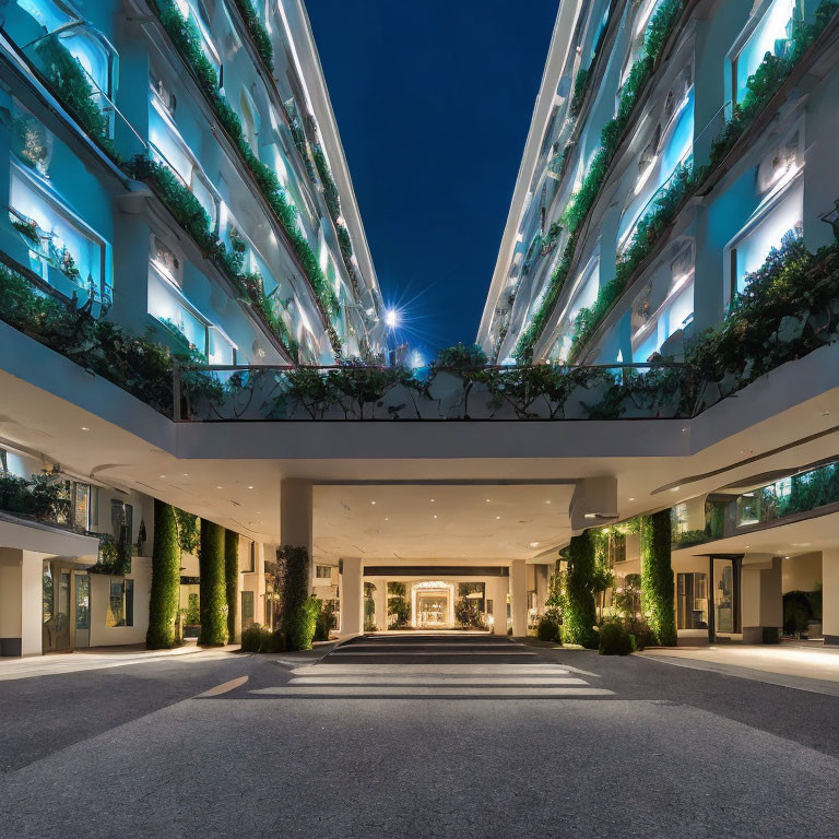 Symmetrical balconies with green plants on modern building at dusk