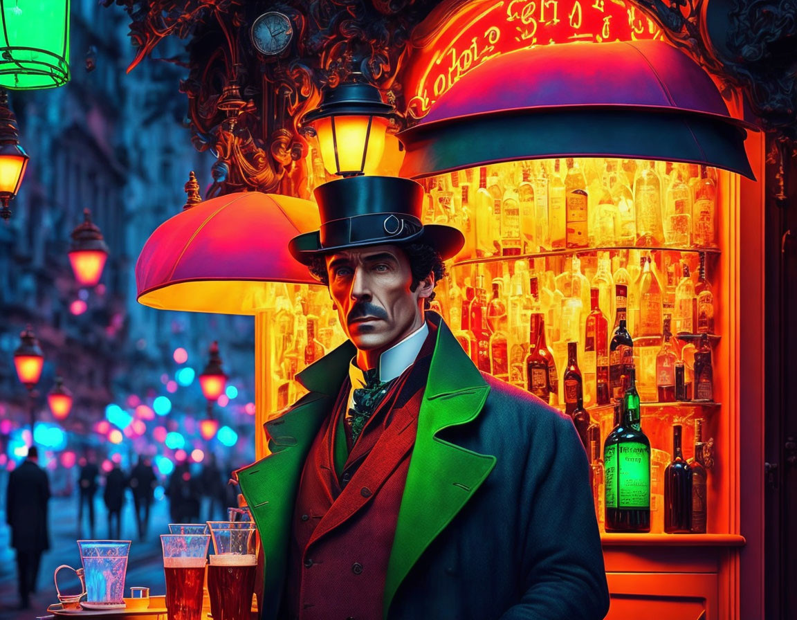 Man in vintage attire with top hat at vibrant bar entrance in city nightlife