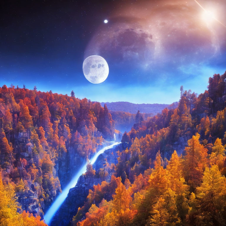 Autumnal forest landscape with waterfall, moon, stars, and comet