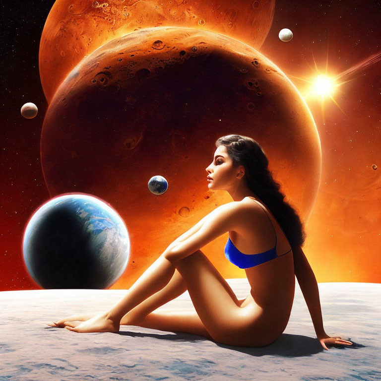 Woman in Blue Bikini Contemplating Cosmic Planets and Stars