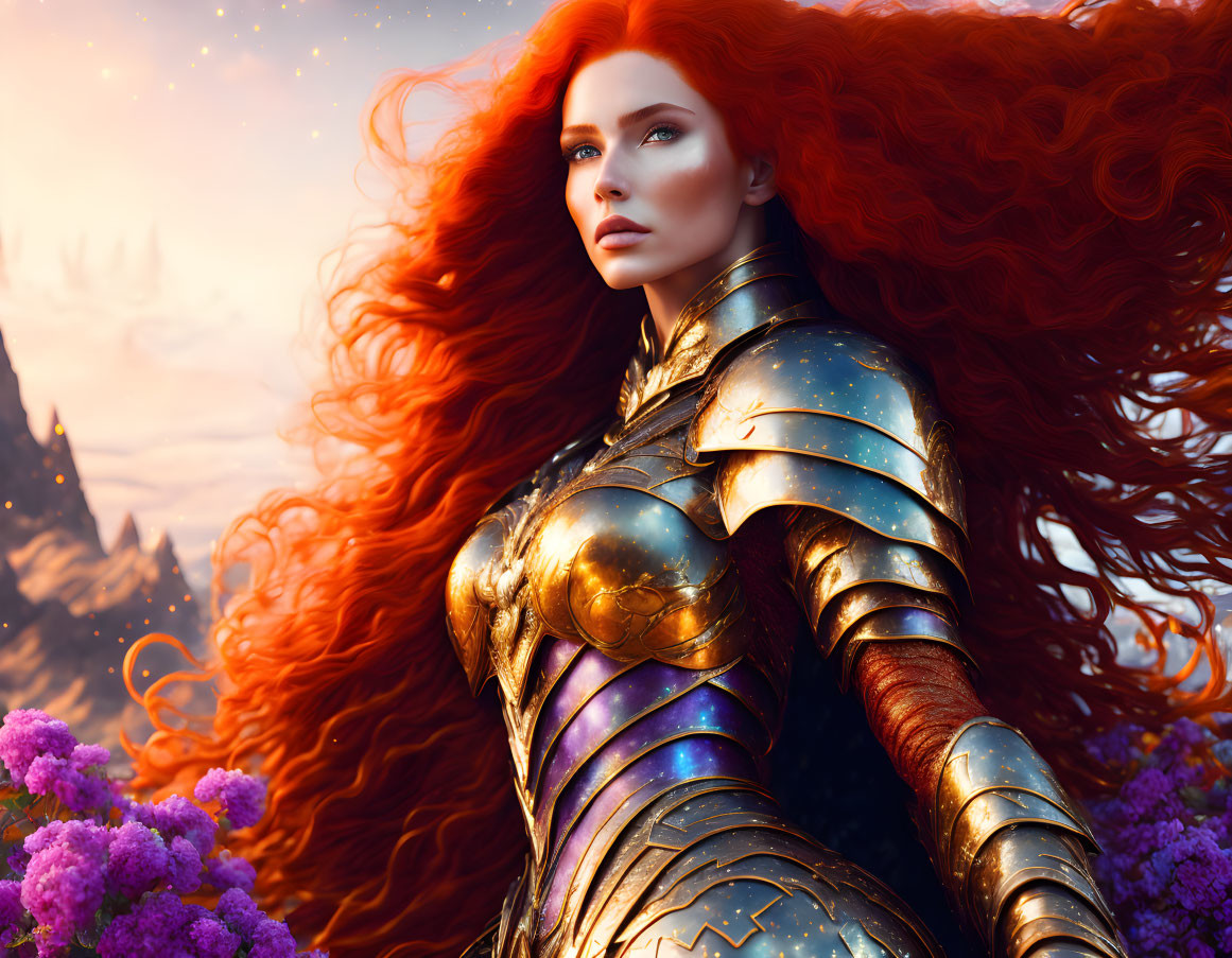 Digital art: Red-haired warrior woman in golden armor against fantasy sunset