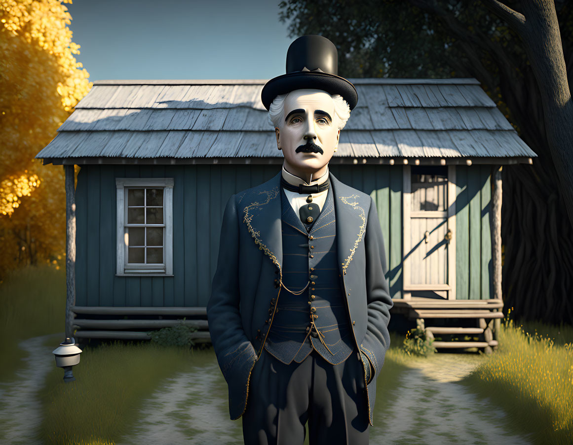 3D Rendered Image of Man in Vintage Suit and Top Hat by Wooden Cabin