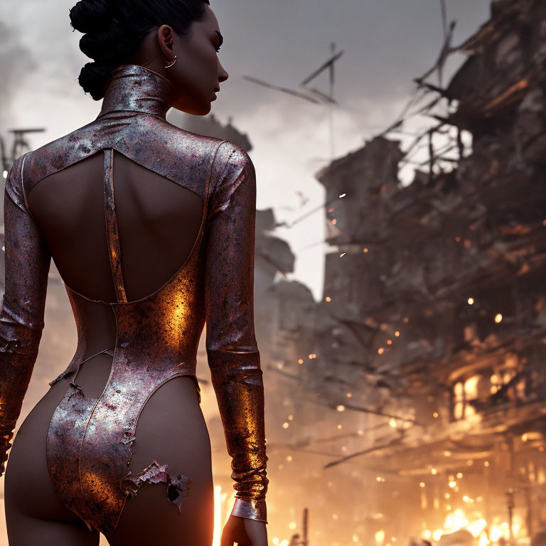 Futuristic woman in metallic bodysuit gazes at dystopian cityscape