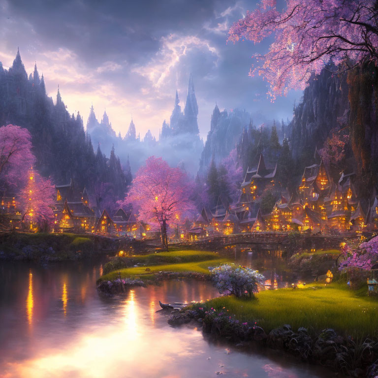 Twilight fantasy village with thatched-roof cottages, cherry blossoms, river, and towering