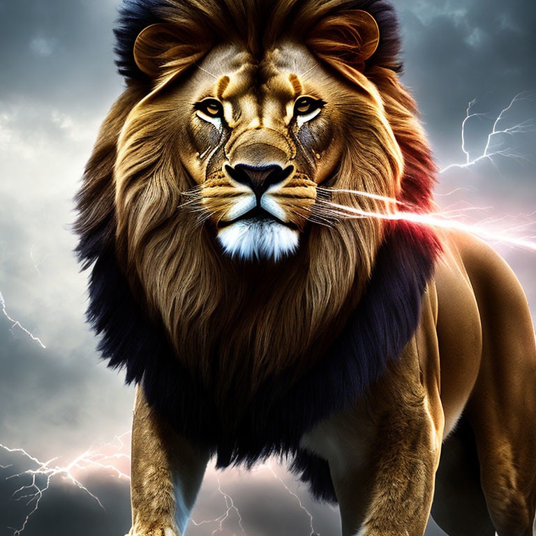 Majestic lion with vivid mane under stormy sky and lightning