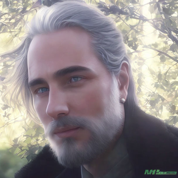 Portrait of man with ice-blue eyes, silver hair, beard, and earring against blurred nature background