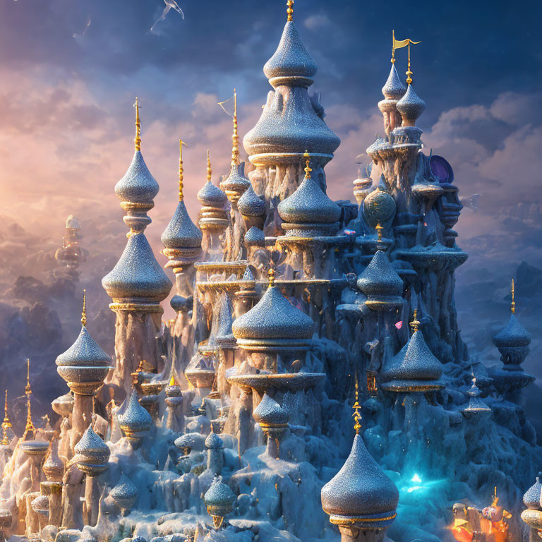 Frozen palace with snow-covered spires in wintry landscape