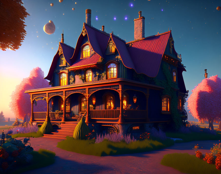 Victorian-style house with illuminated windows in twilight garden scene.