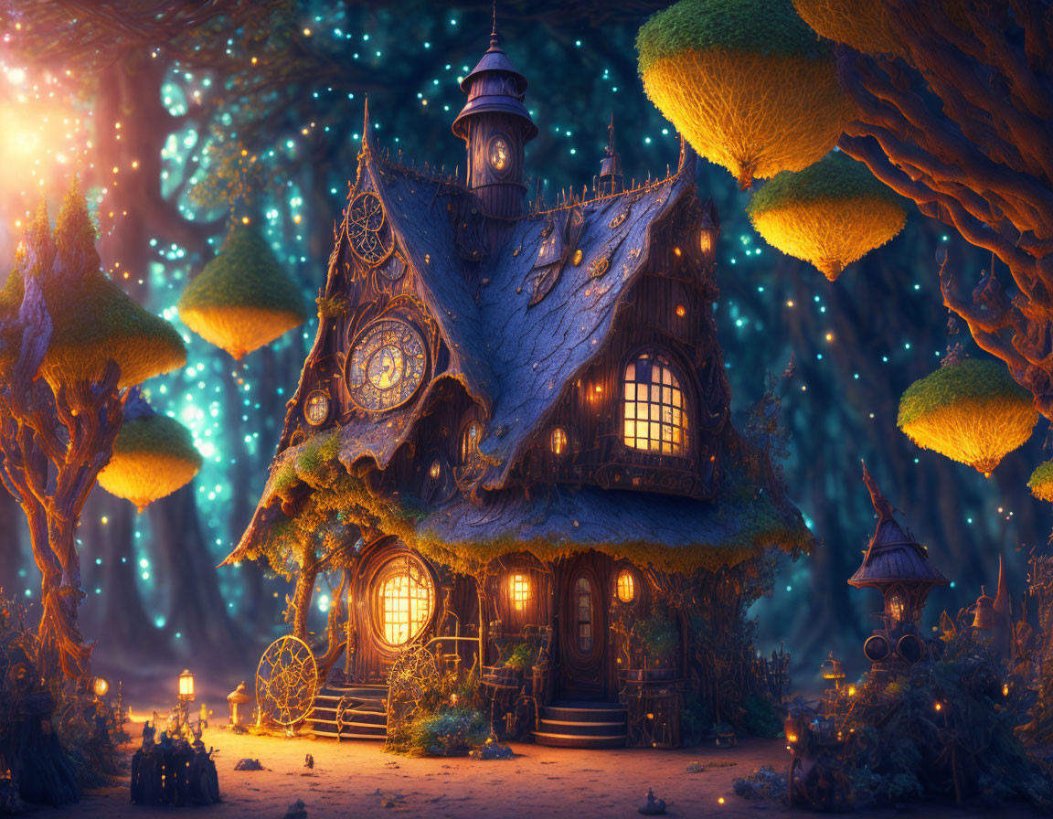 Enchanting fantasy cottage in mystical forest with glowing lights