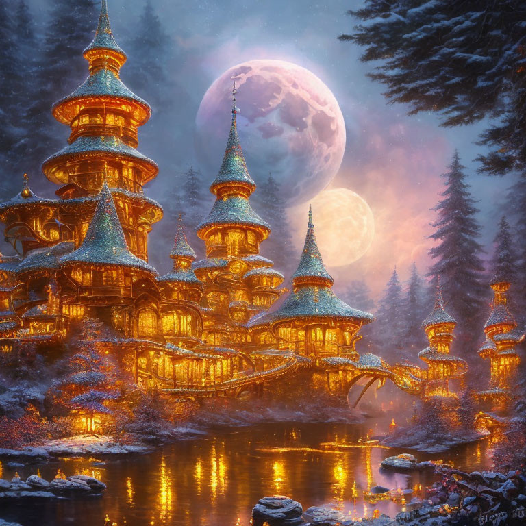 Enchanting fairytale castle in misty forest under full moon