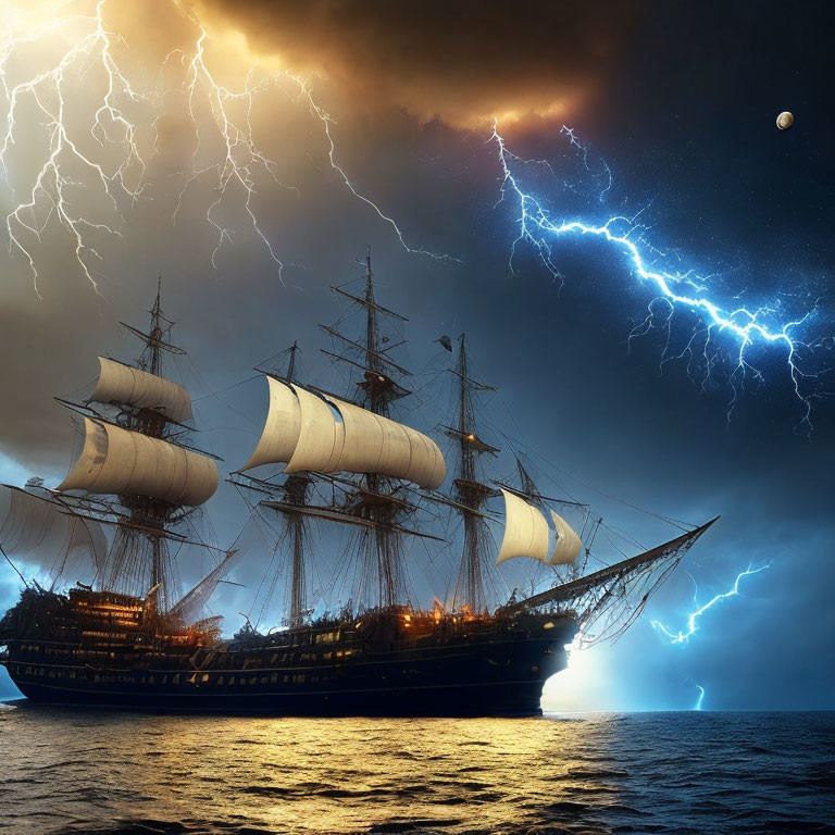 Majestic sailing ship on turbulent seas under dramatic sky