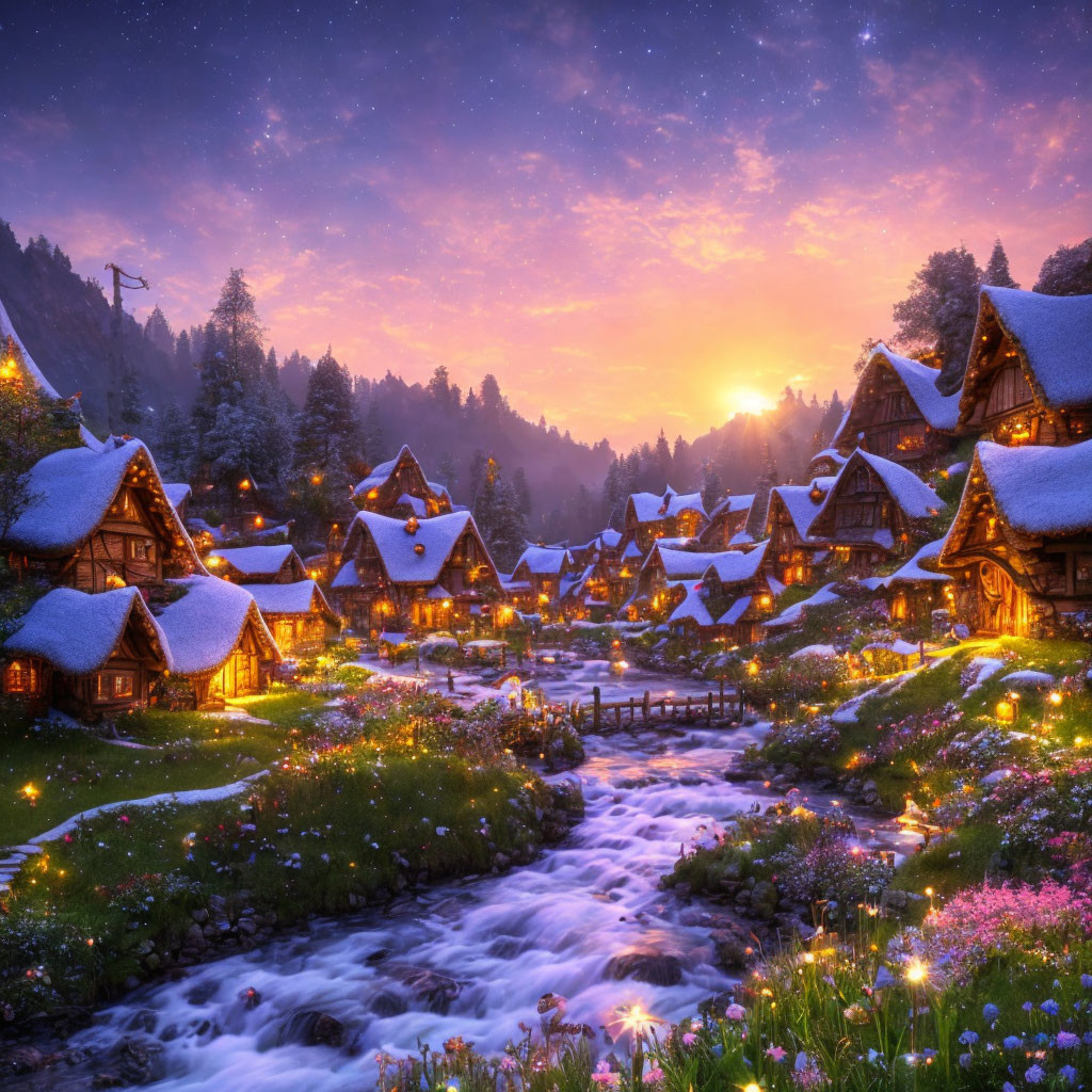 Snow-covered rooftops in picturesque village at dusk with warmly lit houses, babbling brook, vibrant