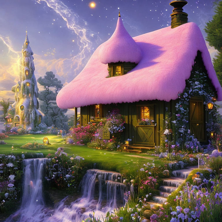 Pink Thatched Roof Cottage Surrounded by Flowers, Waterfall, and Fairytale Tower