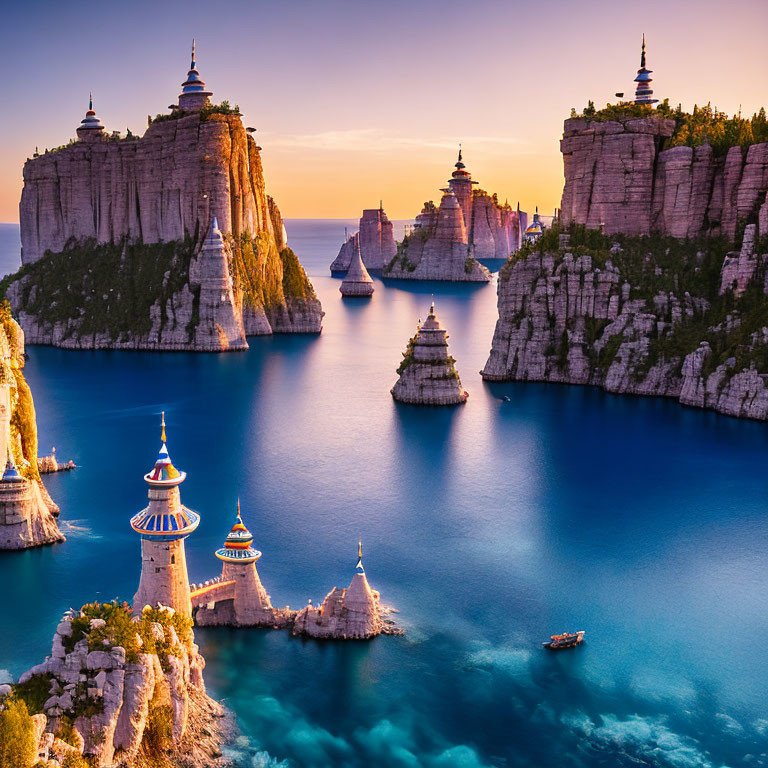 Whimsical castles on towering cliffs in vibrant seascape