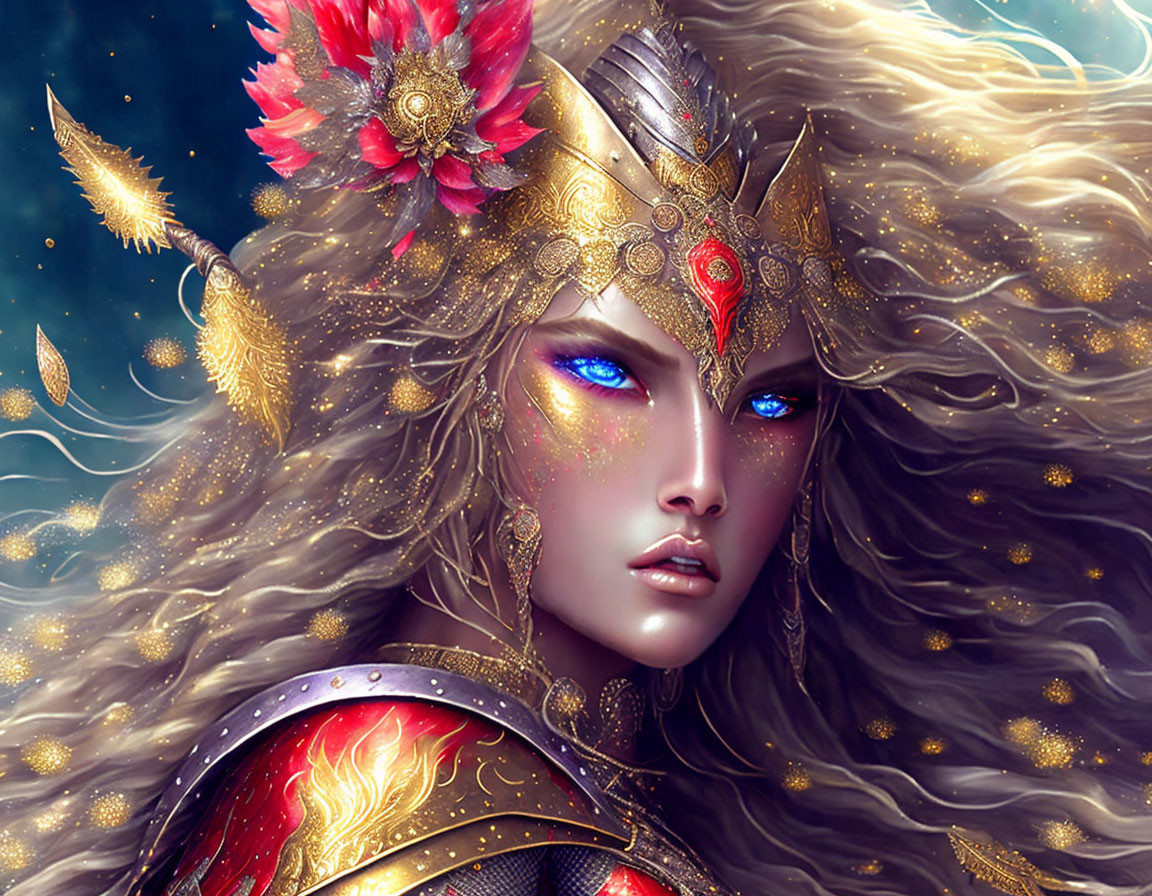 Fantasy female warrior with golden hair and blue eyes in red and gold armor against starry backdrop.