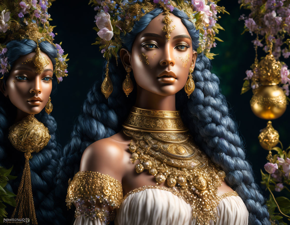 Ornate woman with blue braids and golden jewelry next to reflective bust