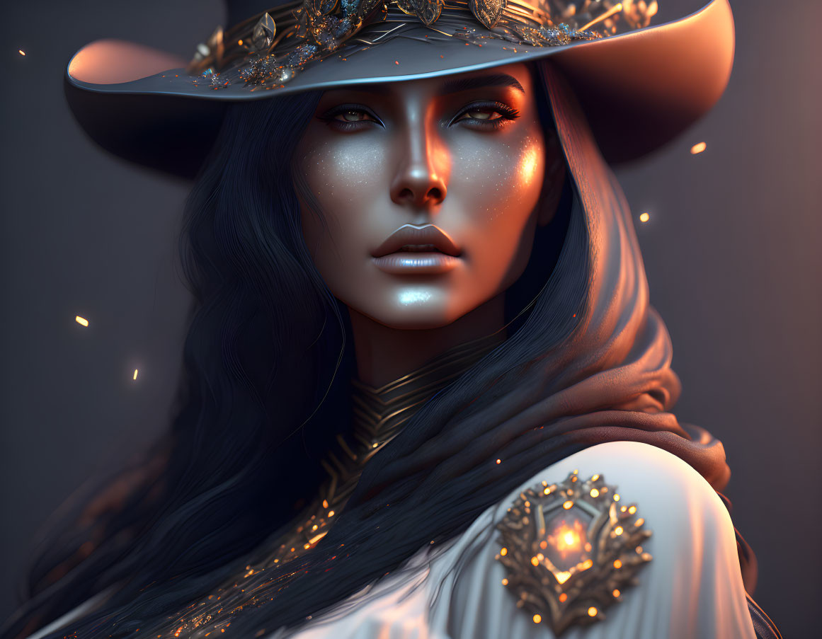 Mystical woman with glowing freckles in wide-brimmed hat and ornate cape