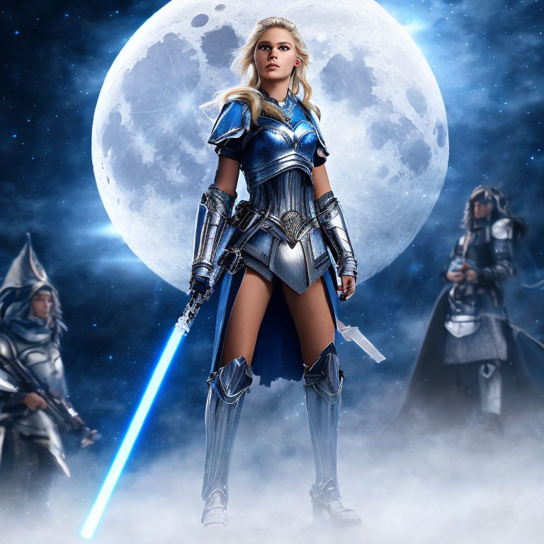 Futuristic knight armor woman with blue lightsaber in mystical night setting