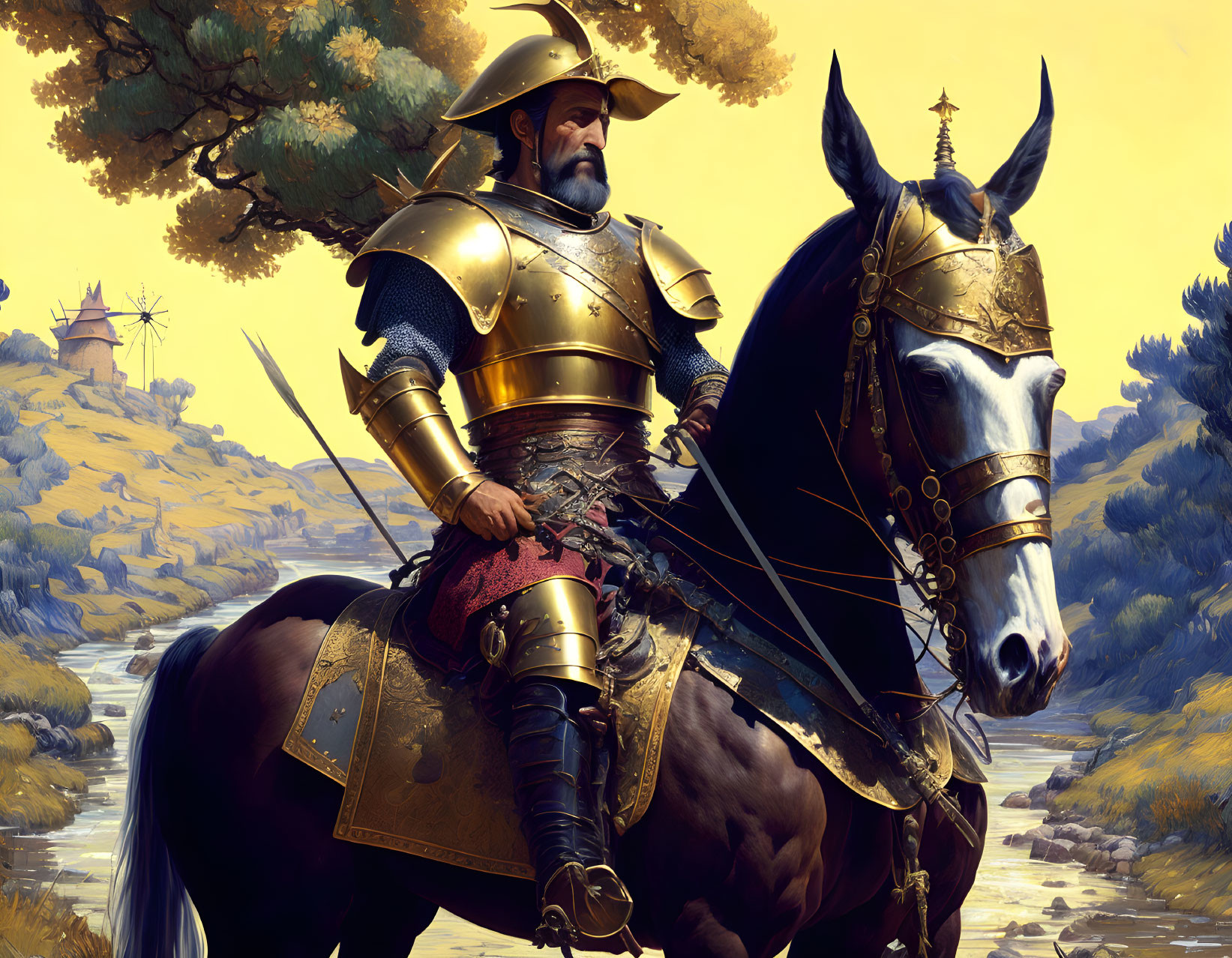 Golden-armored knight on white horse in scenic landscape with windmills